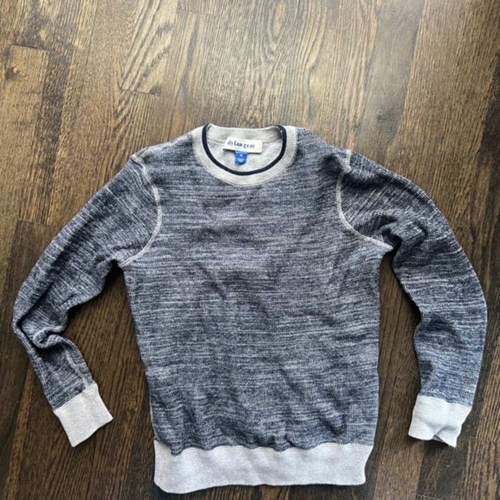 Boys Heathered Gray and Navy Blue Crewneck Sweater with Contrast Trim